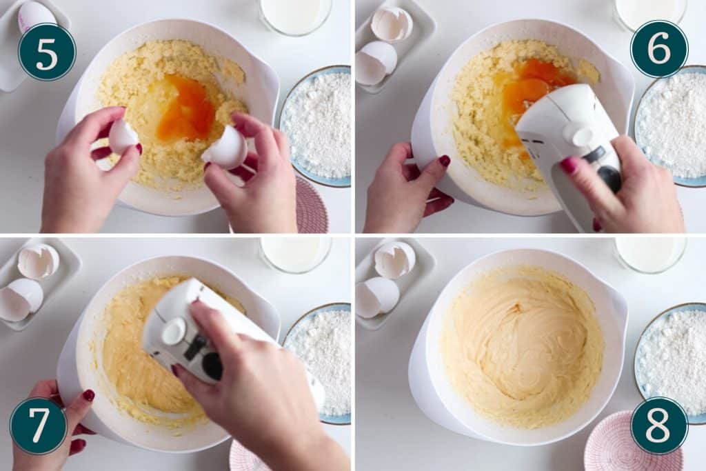 collage showing how to mix in eggs with sugar and butter mixture