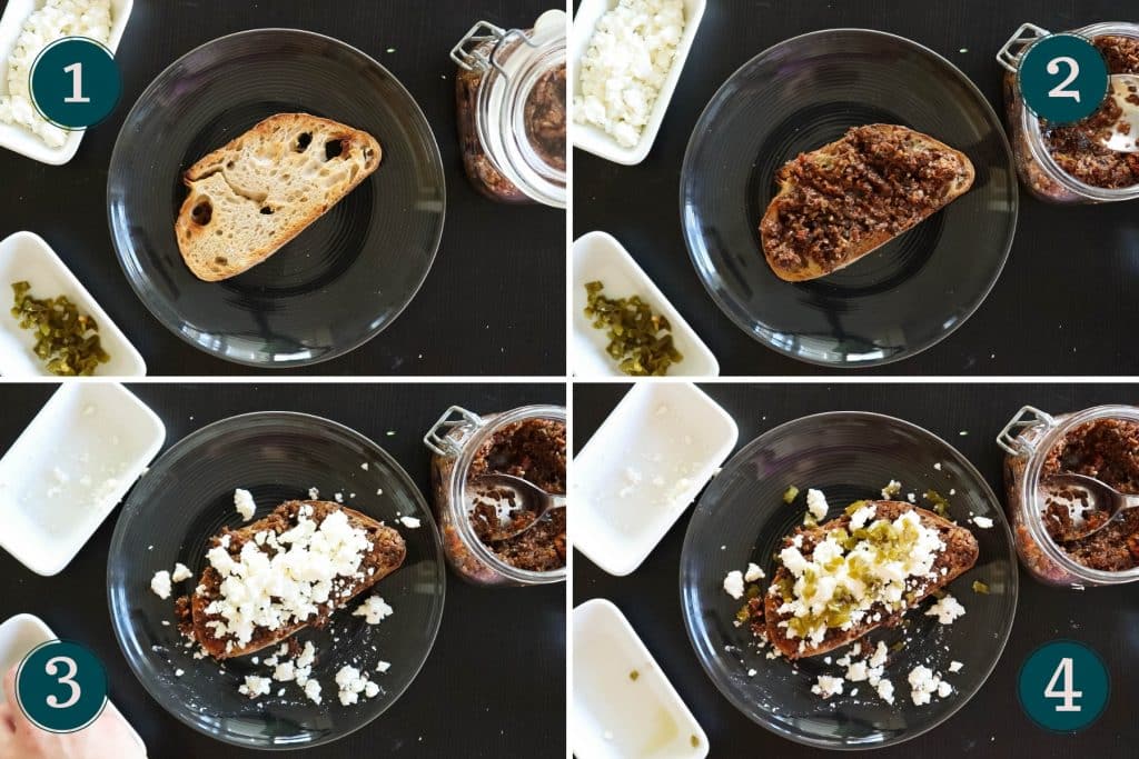 collage showing the four steps to making a tapenade sandwich