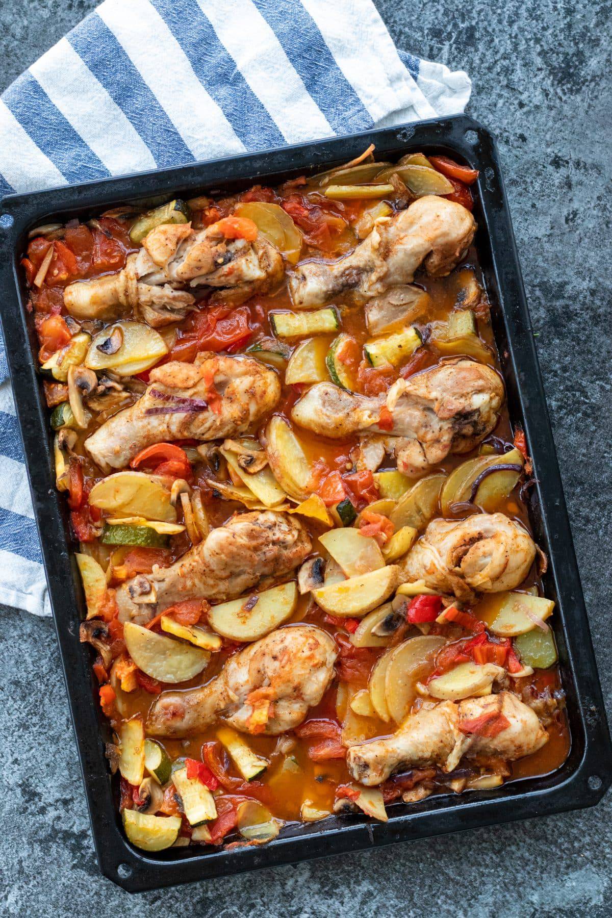 Baked Chicken Drumsticks with Veggies- Chicken - always use butter