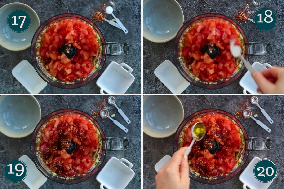 collages showing how to add tomatoes and spices to make acili ezme