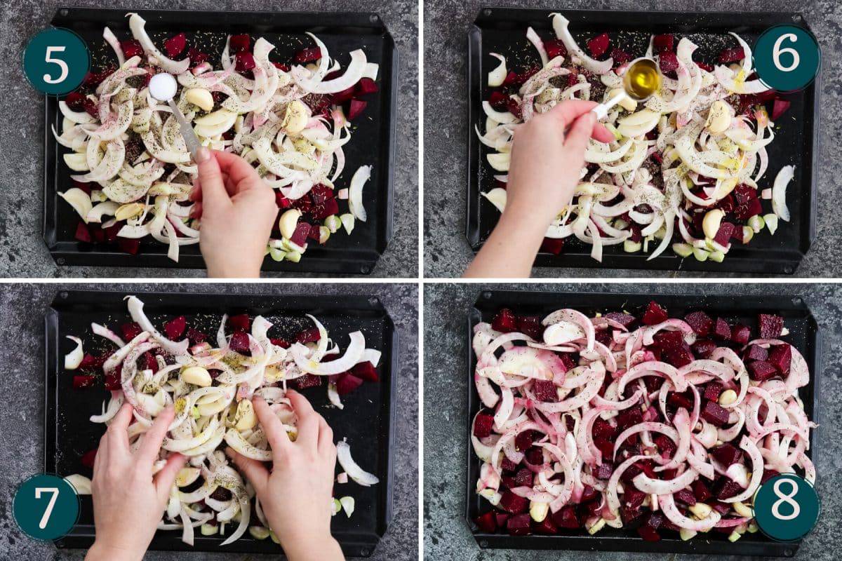 collage showing how to prep beets and fennel for roasting