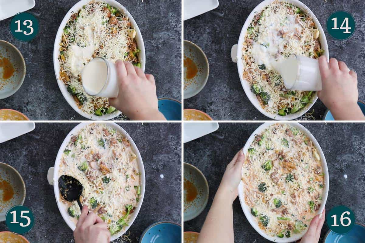 process collage showing how to combine ingredients to make a dump and bake chicken broccoli pasta bake