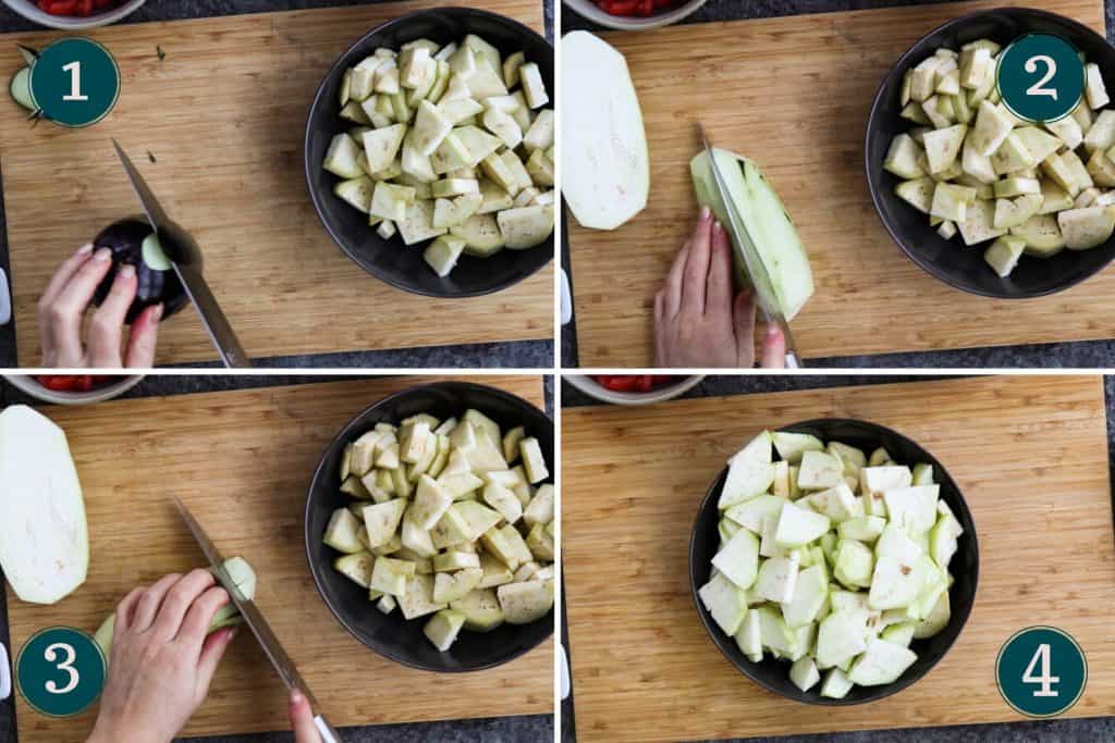 process collage showing how to peel and slice eggplant