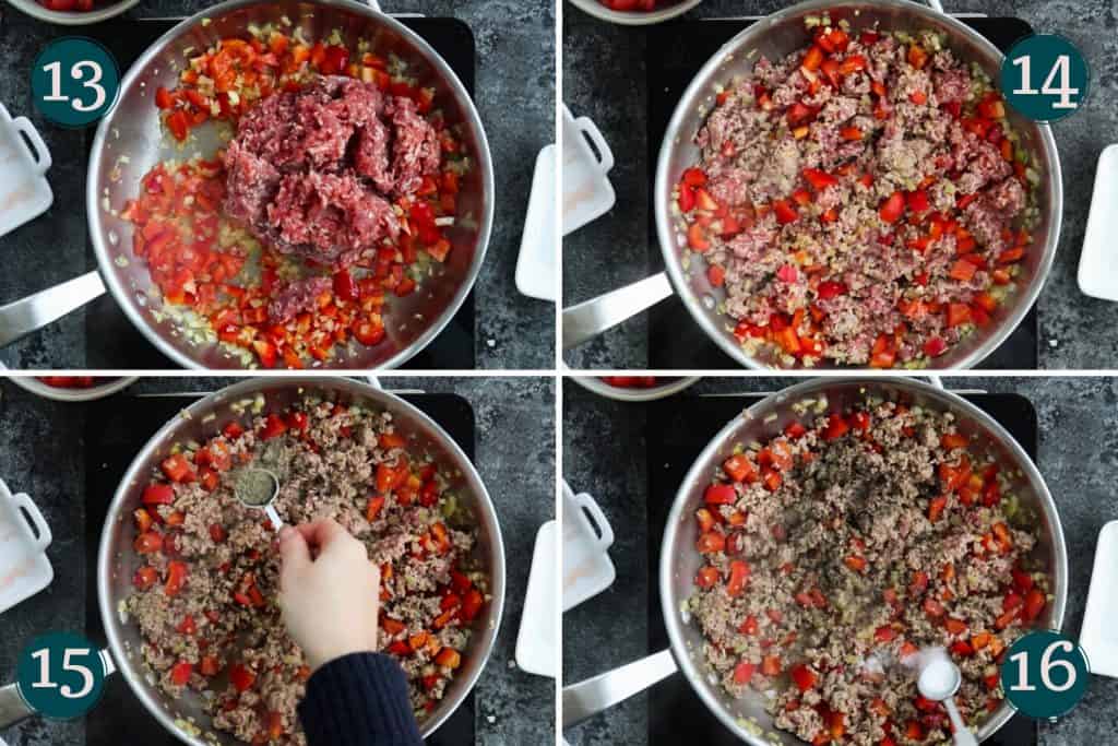 process collage showing how to fry ground lamb and season it with salt and pepper
