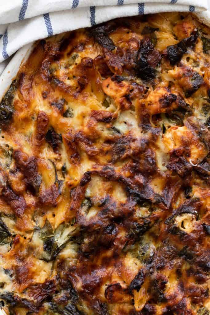 top down view of the top of a cooked pasta bake