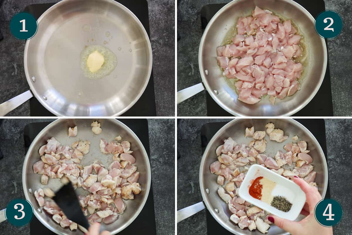 collage showing how to fry chicken in butter and season it