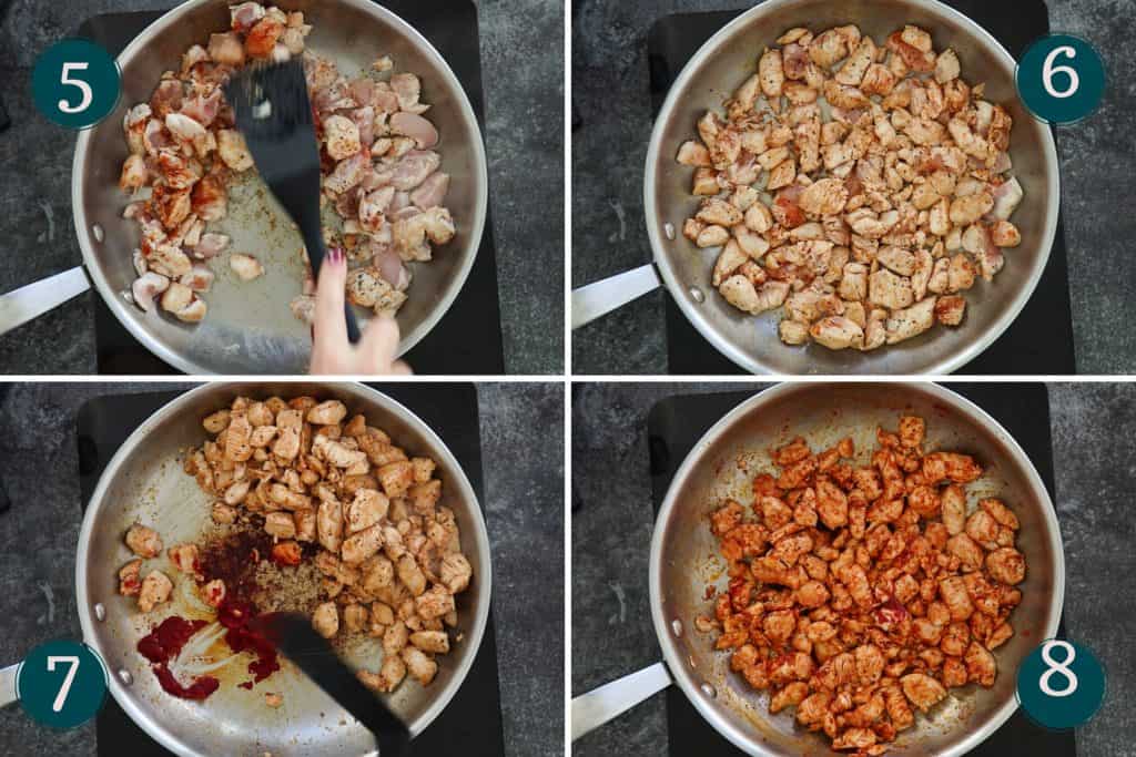 collage showing how to fry chicken and add in tomato purée