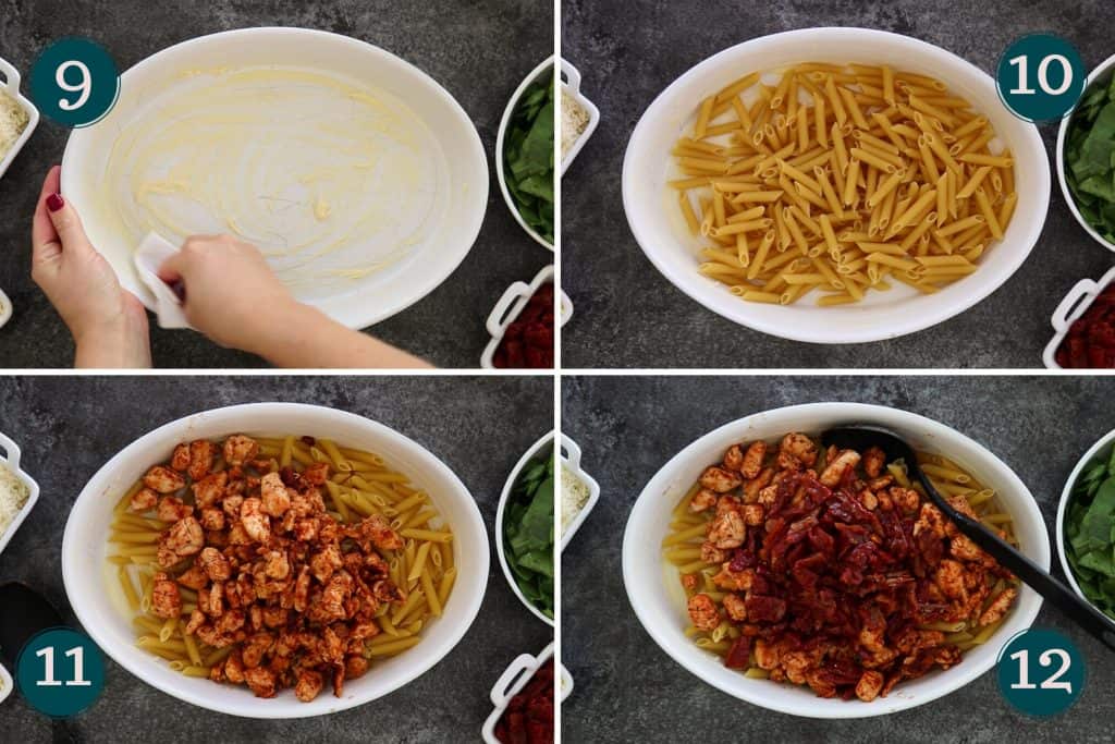 collage showing how to butter a pan before adding uncooked penne pasta, cooked chicken and sun-dried tomatoes