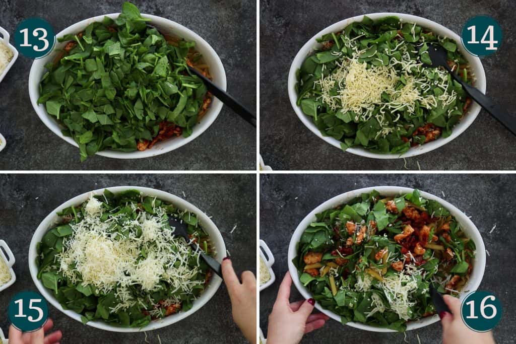 collage showing how to add spinach and two types of cheese to a pan before mixing