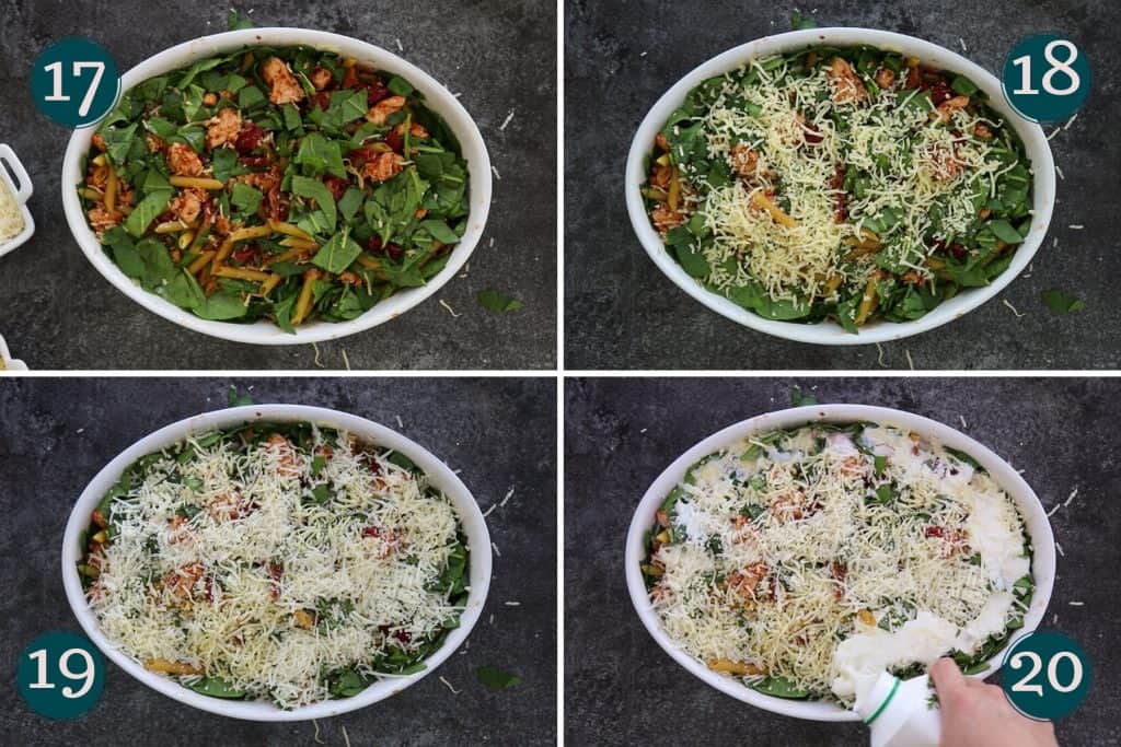 collage showing how to add cheese and cream to a pasta bake