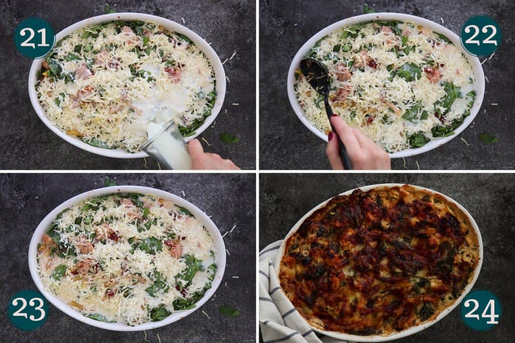 collage showing how to add milk to a past bake before pushing down any pasta sticking up and baking