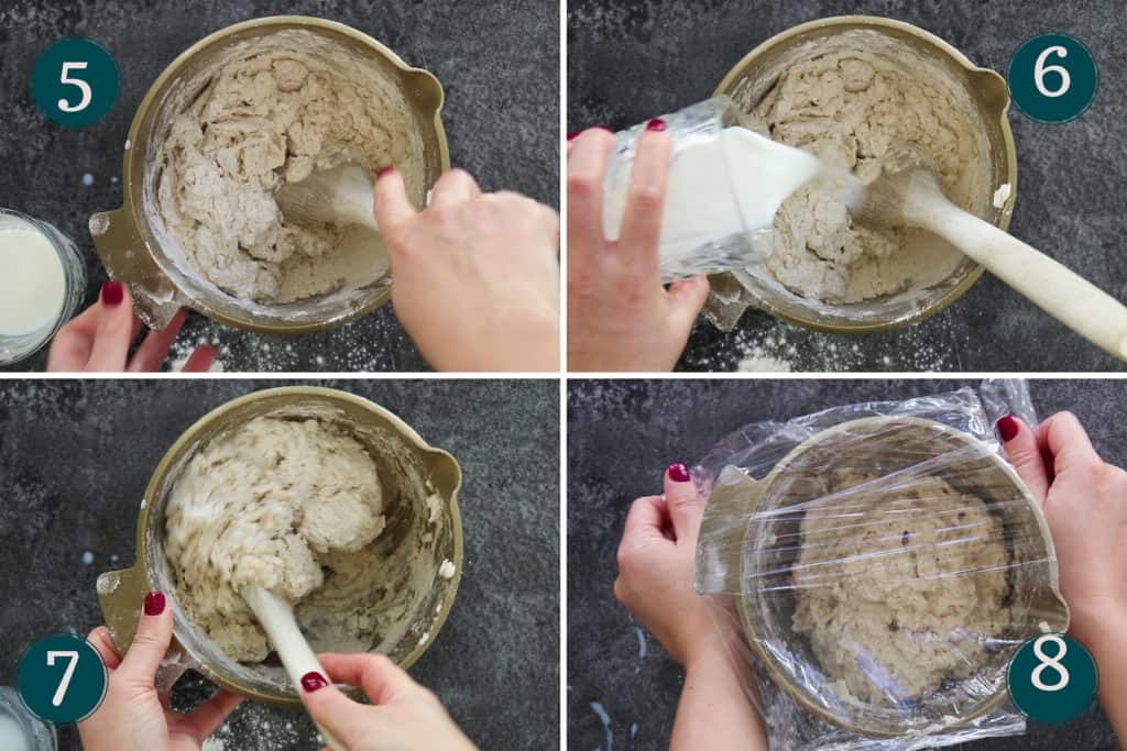 process collage showing how to add milk to dough, mix it and cover it before rising