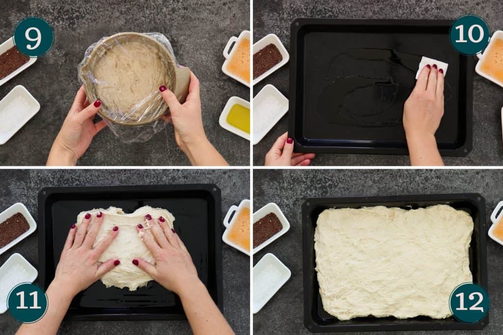 process collage showing how to prepare bread for baking by adding oil to a pan and pushing out the dough into the pan