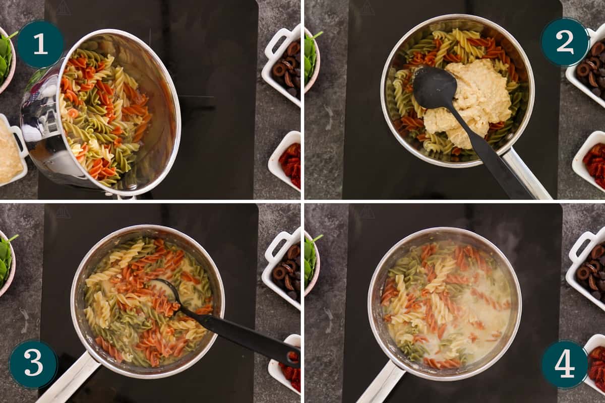 collage showing how to mix hummus with pasta and pasta water