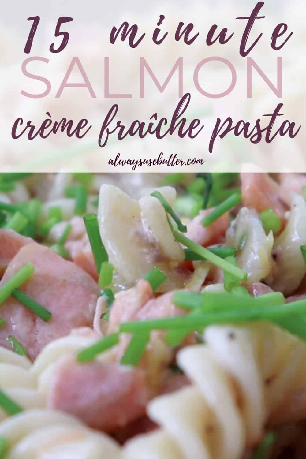 A close-up shot of creamy Salmon Crème Fraîche Pasta garnished with fresh herbs.