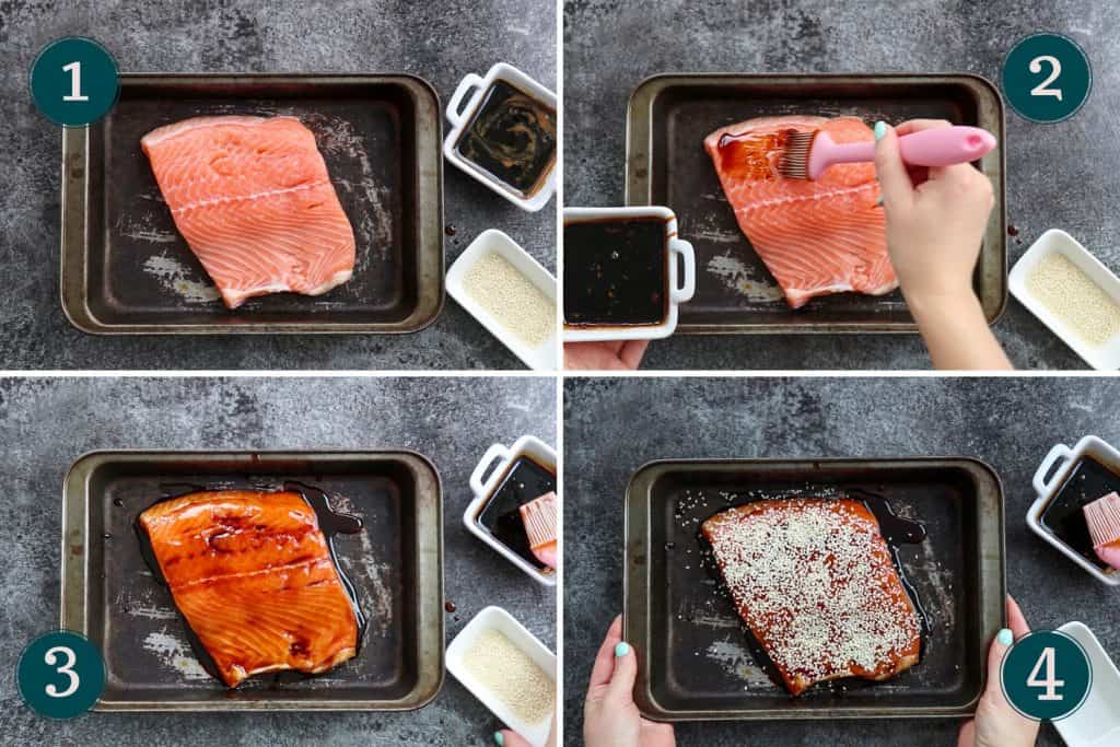 collage showing how to prep teriyaki salmon before baking