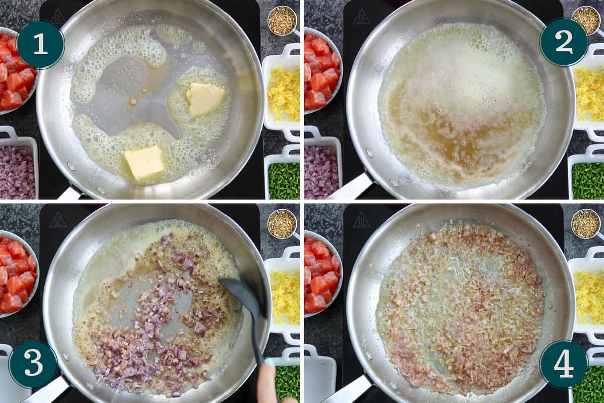process collage showing how to fry shallots in butter