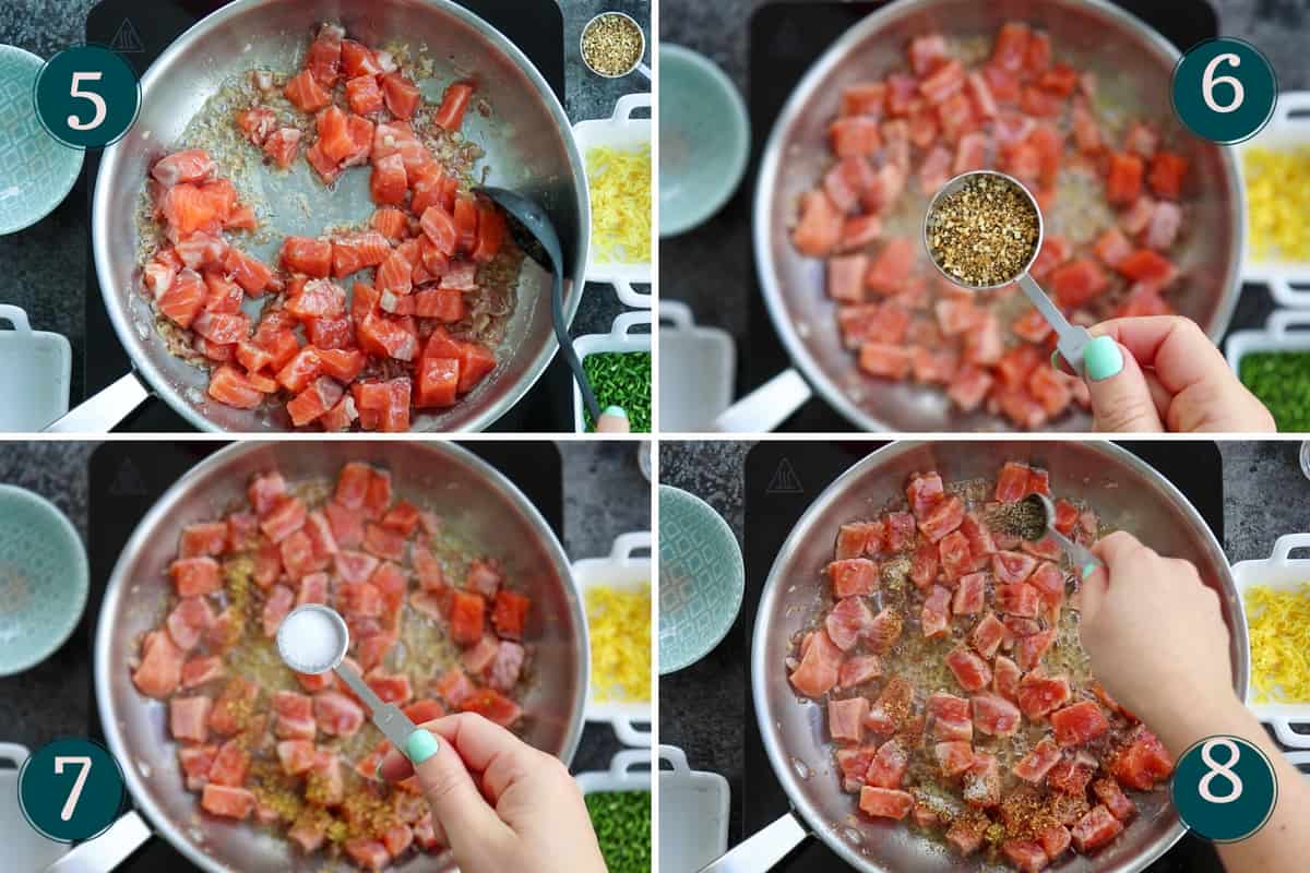 process collage showing how to season and fry salmon cubes