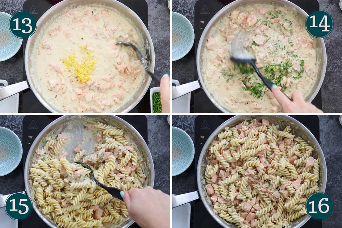process collage showing how to add lemon zest, chives and pasta to salmon creme fraiche pasta sauce