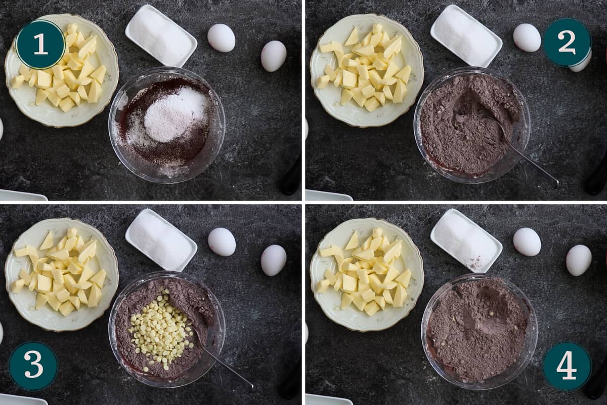process collage showing how to mix together the dry ingredients and the white chocolate chips
