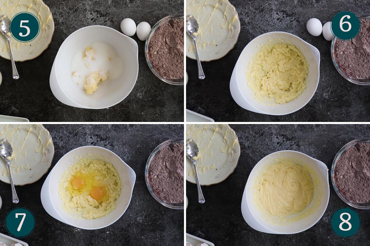 process collage showing how to mix together sugar, salt and eggs for muffin batter