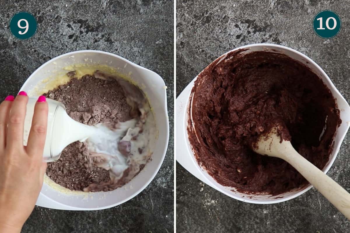 process collage showing how to add dry ingredients and milk to muffin batter and what it should look like when mixed together - smooth and even