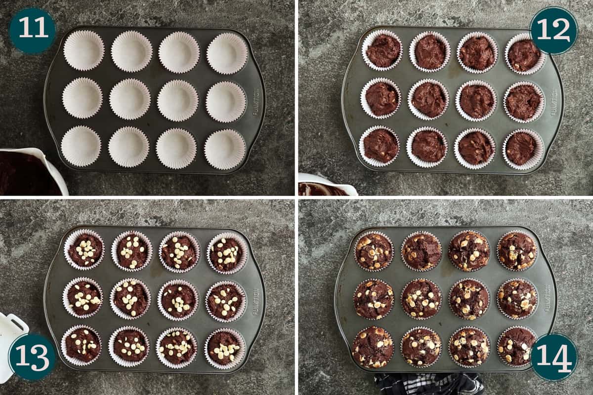 collage showing how to fill muffin liners with muffin batter and top them with white chocolate chips, as well as what the finished muffins look like after baking
