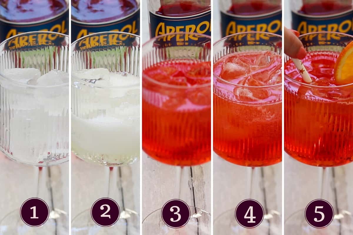 collage showing how to make an aperol spritz