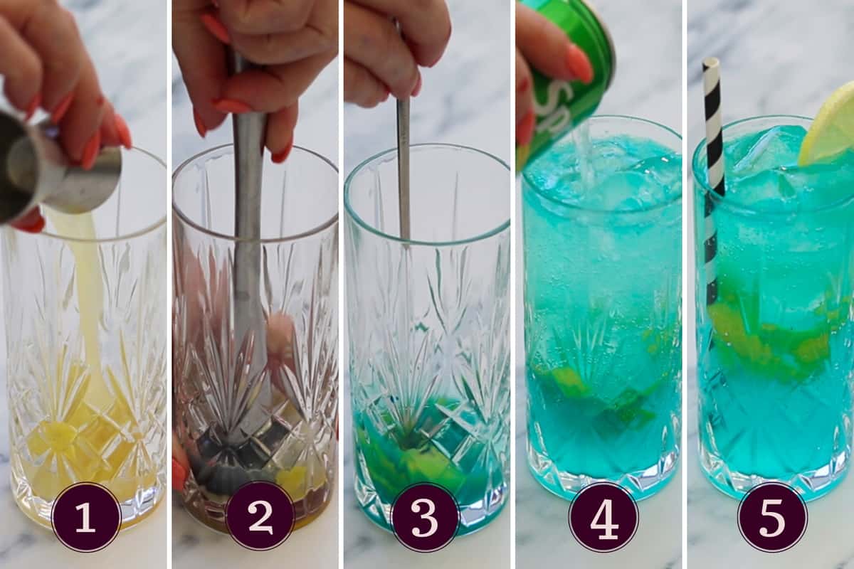 collagr showing the five steps to making a blue lagoon mocktail