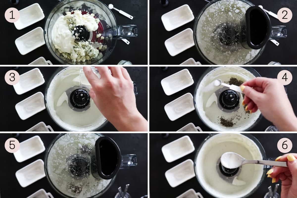 process collage showing how to make blue cheese sauce from start to finish.