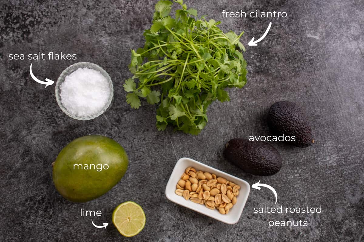 Ingredients needed to make avocado mango salad: avocado, mango, salte roasted peanuts, fresh cilantro, sea salt flakes and lime