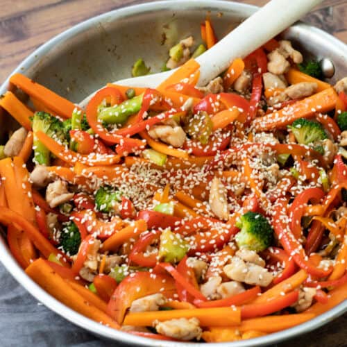 a pan full of chicken teriyaki stir fry.