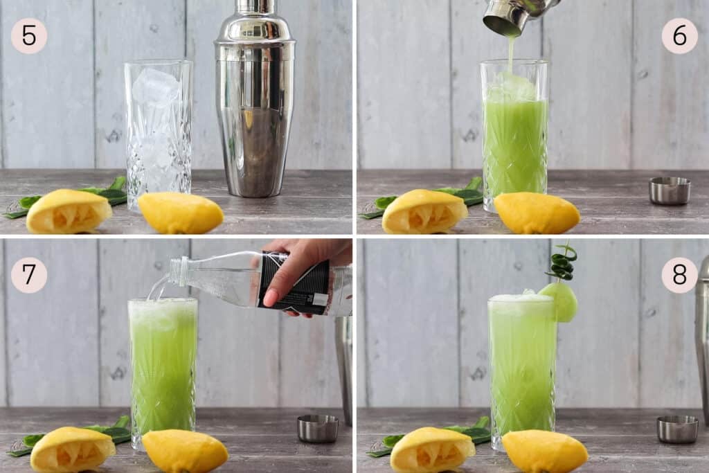 collage showing how to make a cucumber tom collins mocktail