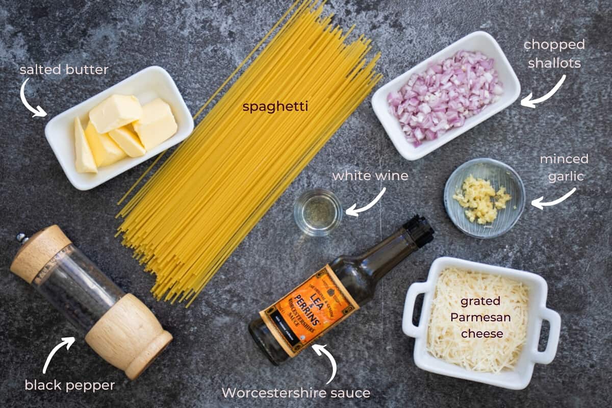 top down image showing ingredients needed to make garlic butter pasta