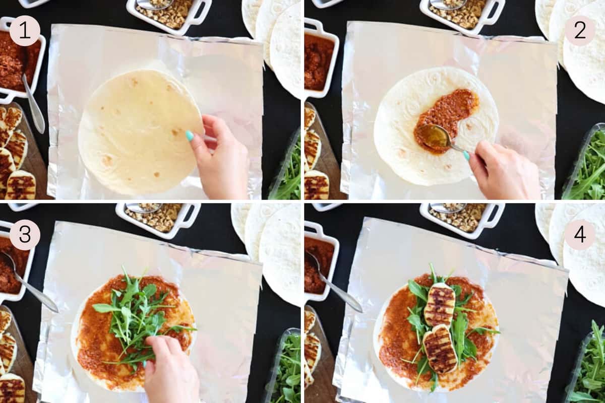 collage showing how to add pesto, arugula and halloumi on top of tortilla bread