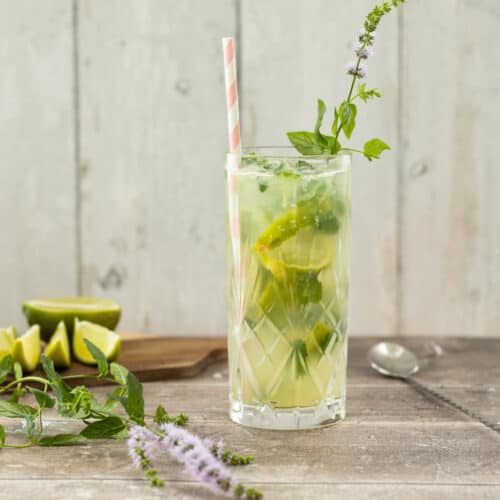 side view of a mojito mocktail with lime wedges in the background