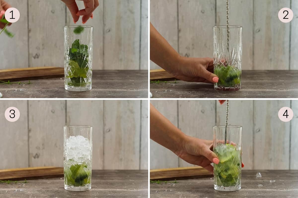 collage showing how to mudde lime and mint for a mojito mocktail