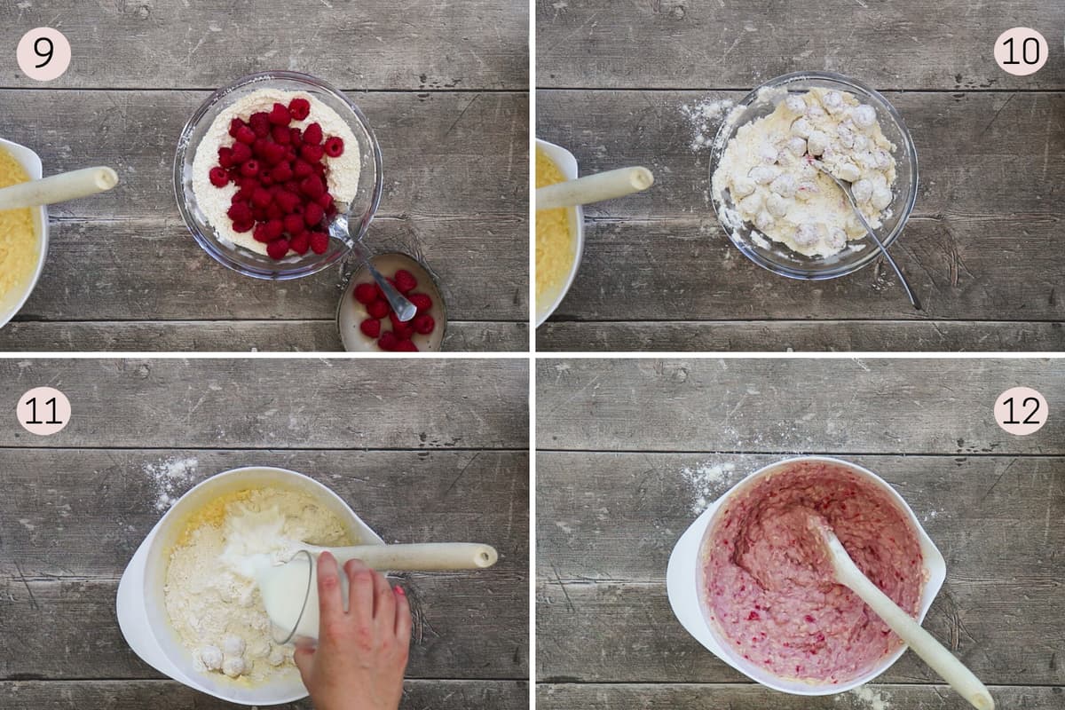 collage showing how to add raspberries and flour to muffin batter