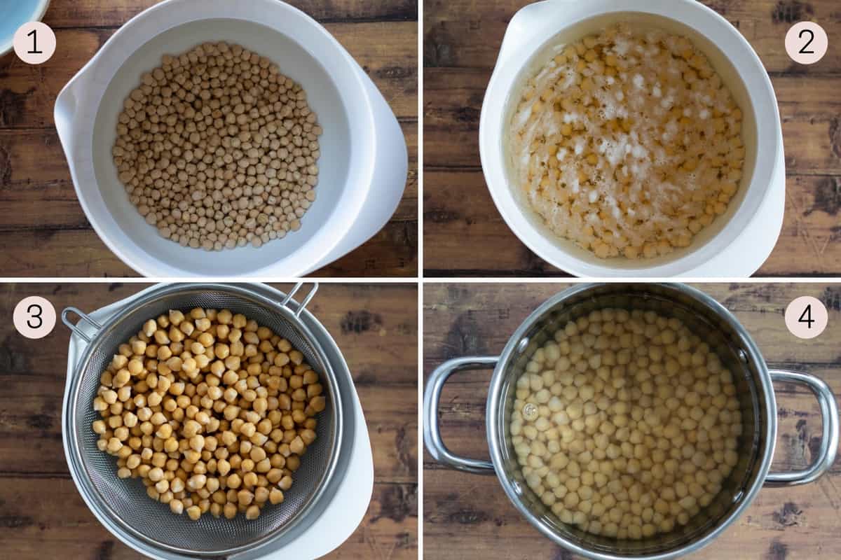 collage showing how to soak and cook dried chickpeas