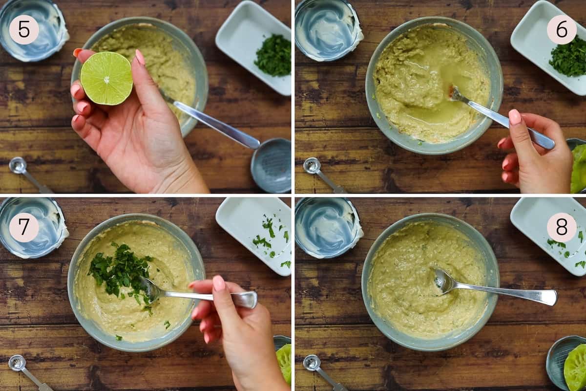 collage showing how to add lime and cilantro to avocado lime ranch