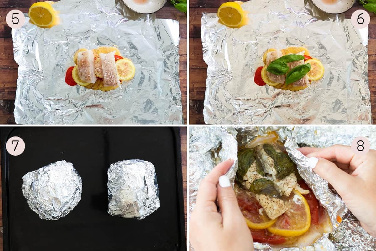 collage showing how to finish foil packs to bake cod in