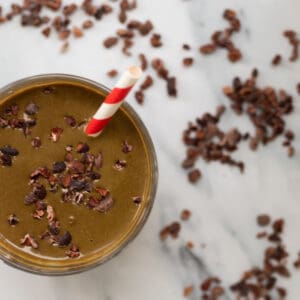 top down view of a chocolate peanut butter smoothie