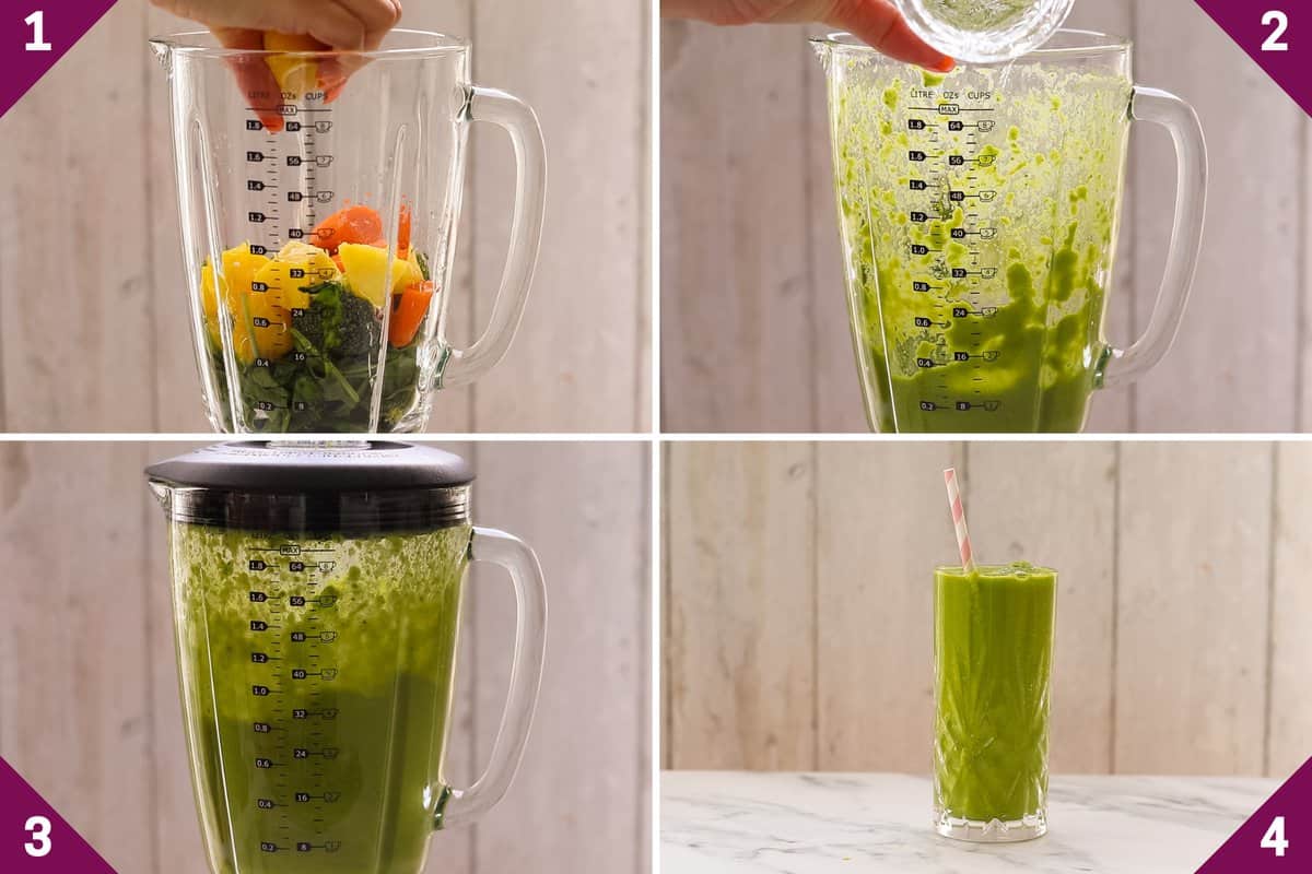 Collage showing how to make a broccoli smoothie.