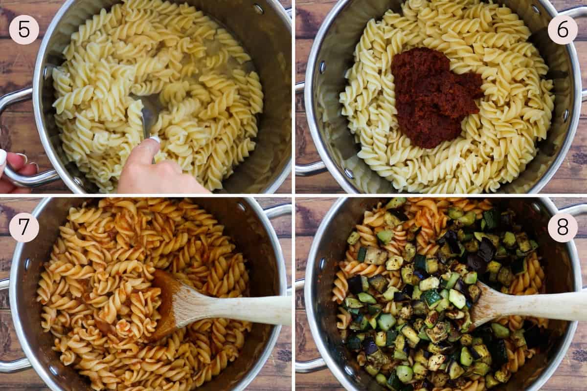 collage showing how to add pesto and roasted veggies to pasta