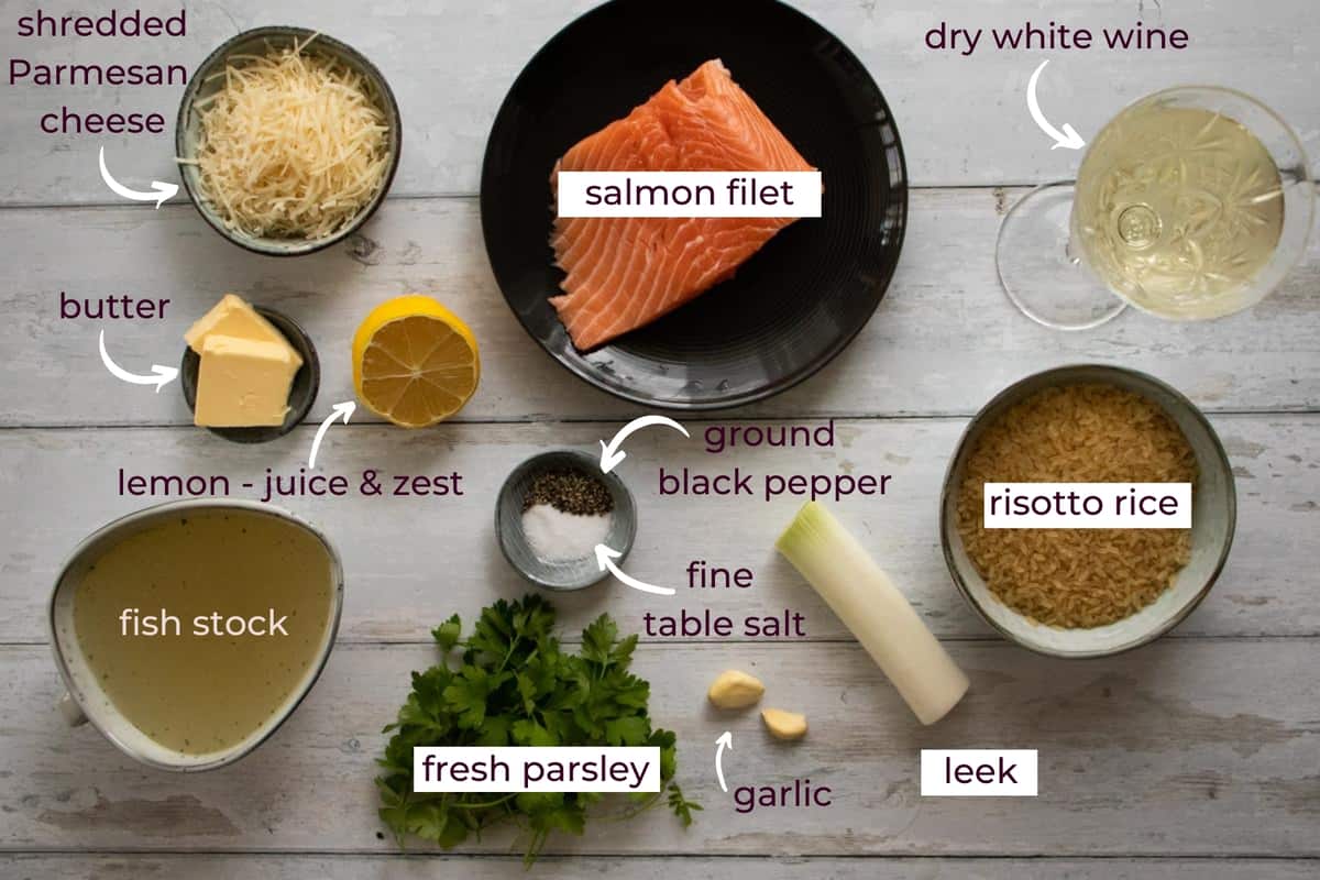 ingredients needed to make salmon risotto with lemon & leeks.