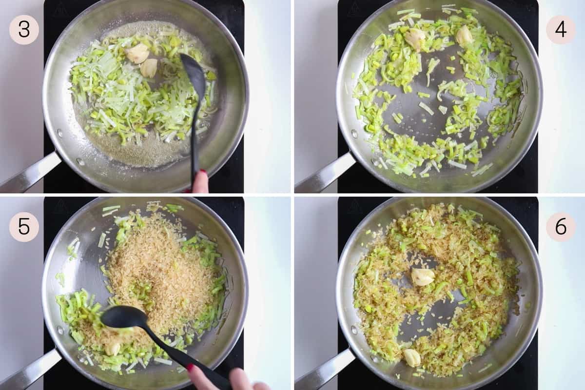 collage showing how to fry leeks and garlic before adding risotto rice.