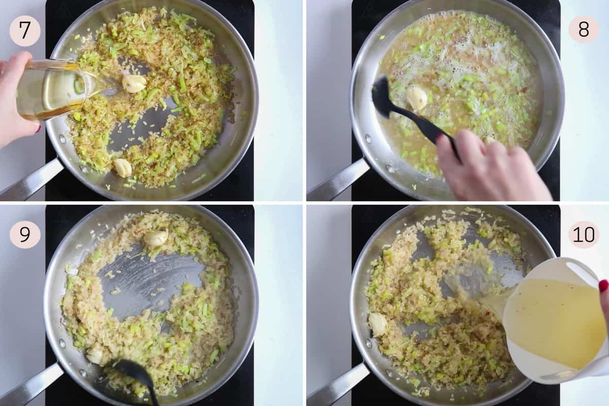 collag showing how to cook off wine for a risotto before adding stock