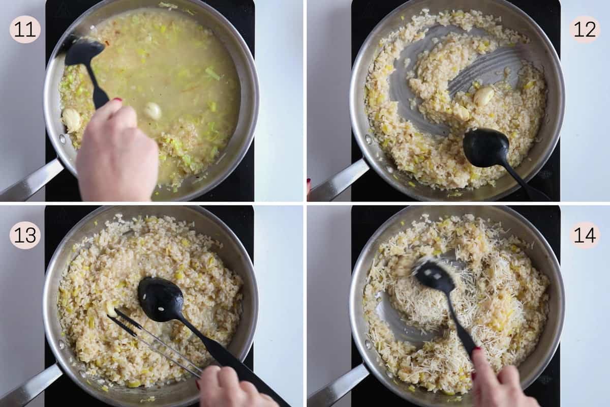 collage showing how to cook risotto before adding cheese.