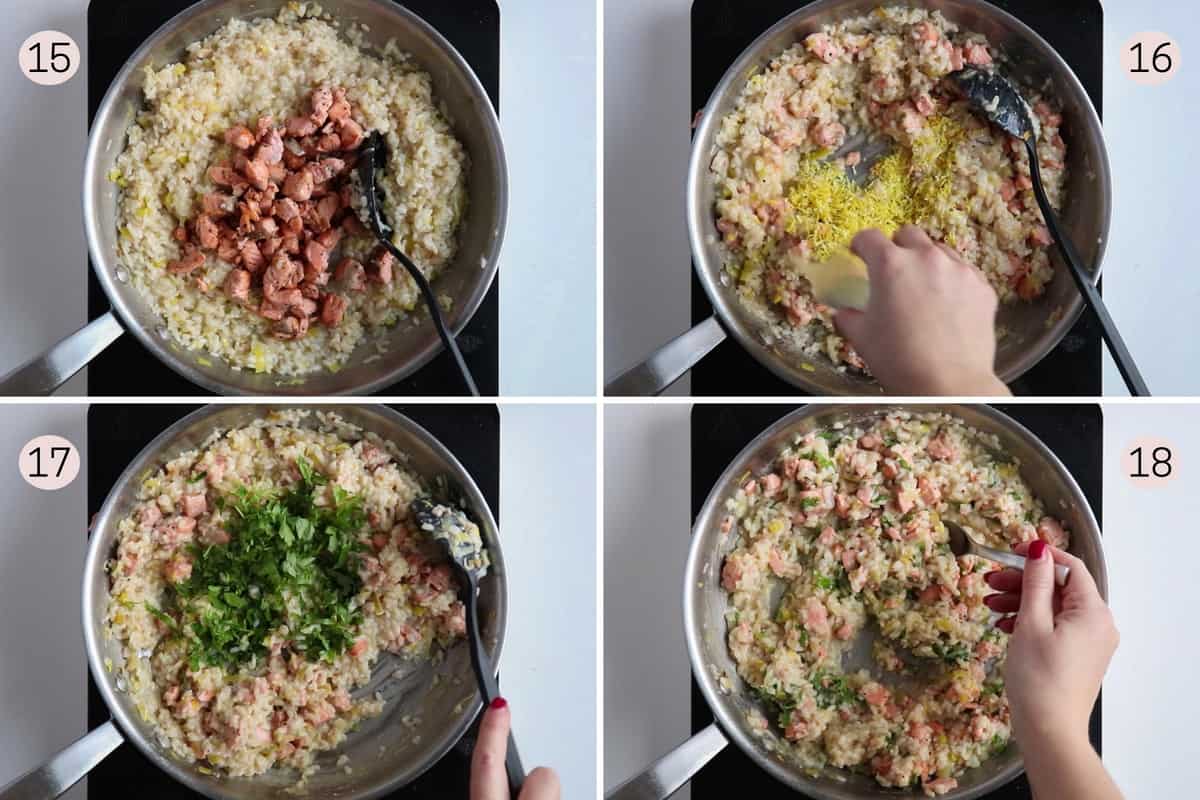collage showing how to mix in salmon, lemon zest, lemon juice and parsey in risotto