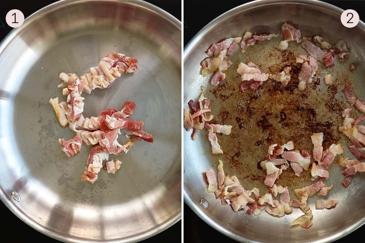 collage showing how to fry bacon
